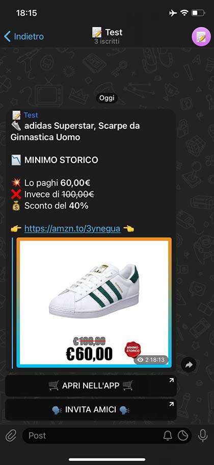 Esempio pubblicazione dell'offerta Amazon su un canale Telegram