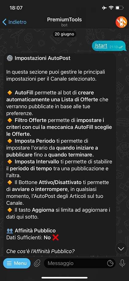 Sezione impostazione autopost del BOT per il canale Telegram