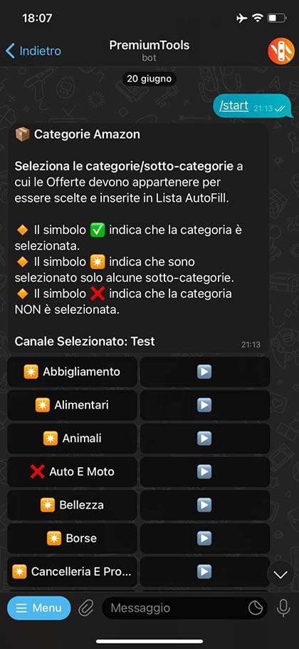 Elenco delle Categorie Amazon disponibili nel BOT